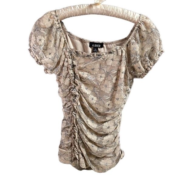 A.Byer Ladies Ruched Lace Ruffled Short Sleeves Top Blouse SZ Med Y2K - Picture 1 of 7
